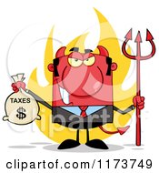 Cartoon Of A Devil Business Tax Man With A Money Bag Flames And Pitchfork Royalty Free Vector Clipart by Hit Toon