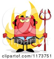 Cartoon Of A Mad Devil Businessman With A Pitchfork And Flames Waving A Fist Royalty Free Vector Clipart