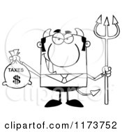 Cartoon Of A Black And White Devil Business Tax Man With A Money Bag And Pitchfork Royalty Free Vector Clipart by Hit Toon