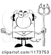 Cartoon Of A Mad Black And White Devil Businessman With A Pitchfork Waving A Fist Royalty Free Vector Clipart