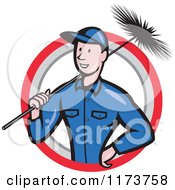 Cartoon Illustration Of A Chimney Sweep Worker Holding A Broom In A Circle