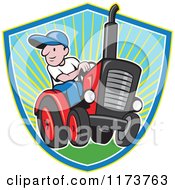 Poster, Art Print Of Cartoon Farmer Driving A Tractor Over A Sunny Shield