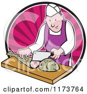 Retro Cartoon Fishmonger Sushi Chef Chopping A Fish Over A Pink Circle Of Rays