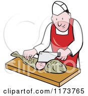 Retro Cartoon Fishmonger Sushi Chef Chopping A Fish