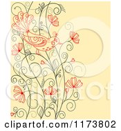 Poster, Art Print Of Red Bird On A Floral Vine Over Yellow