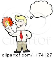 Cartoon Of Blonde Man Pointing With Conversation Bubble Royalty Free Vector Illustration by lineartestpilot