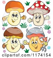 Cartoon Of Four Mushroom Characters With Flowers Royalty Free Vector Clipart