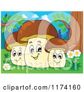 Cartoon Of A Group Of Three Happy Mushrooms At The Base Of A Tree Royalty Free Vector Clipart by visekart