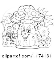 Cartoon Of A Black And White Mushroom Holding A Bottle Of Poison Royalty Free Vector Clipart by visekart