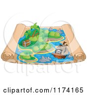 Poster, Art Print Of Parchment Treasure Map With A Pirate Ship Near An Island