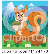 Cartoon Of A Cute Squirrel Holding An Acorn On A Log Royalty Free Vector Clipart