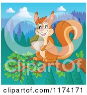 Cartoon Of A Cute Squirrel Holding An Acorn On A Branch Royalty Free Vector Clipart