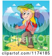 Happy Blond Woman Hiking On A Trail With Trekking Poles