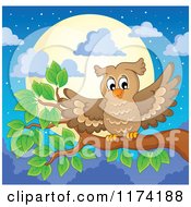Cartoon Of A Owl Flapping Its Wings On A Tree Branch Against A Full Moon Royalty Free Vector Clipart
