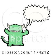 Cartoon Of A Green Devil With A Conversation Bubble Royalty Free Vector Illustration
