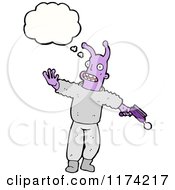 Cartoon Of A Purple Monster With Ray Gun And A Conversation Bubble Royalty Free Vector Illustration by lineartestpilot