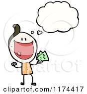 Cartoon Of A Stick Girl Holding Money With A Conversation Bubble Royalty Free Vector Illustration
