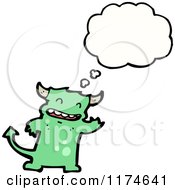 Cartoon Of A Green Horned Monster With A Conversation Bubble Royalty Free Vector Illustration