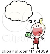Cartoon Of A Stick Person Holding Money With A Conversation Bubble Royalty Free Vector Illustration