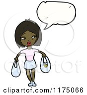 Cartoon Of An African American Girl Holding Two Purses Conversation Bubble Royalty Free Vector Illustration by lineartestpilot
