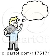 Poster, Art Print Of Man Holding A Camera Wearing A Blue Sweater With A Conversation Bubble