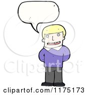 Cartoon Of A Man Wearing A Purple Sweater With A Conversation Bubble Royalty Free Vector Illustration