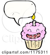 Cartoon Of A Pink Cupcake And Candle With A Conversation Bubble Royalty Free Vector Illustration