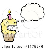Cartoon Of A Cupcake With A Candle And A Conversation Bubble Royalty Free Vector Illustration