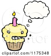 Cartoon Of A Cupcake With A Candle And A Conversation Bubble Royalty Free Vector Illustration by lineartestpilot