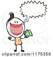 Cartoon Of A Brunette Stick Girl Holding Money With A Conversation Bubble Royalty Free Vector Illustration