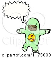 Cartoon Of A Green Robot With A Conversation Bubble Royalty Free Vector Illustration