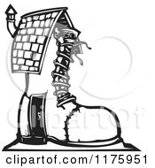 Clipart Of A Shoe House Black And White Woodcut Royalty Free Vector Illustration by xunantunich