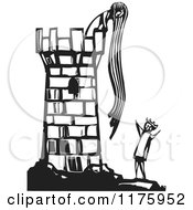 Rapunzel Throwing Down Her Hair To A Knight Black And White Woodcut