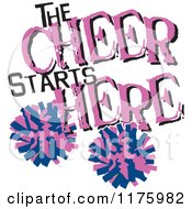 Cartoon Of Purple And Blue The Cheer Starts Here Text With Pom Poms Royalty Free Vector Clipart