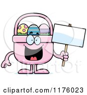 Cartoon Of A Happy Easter Basket Mascot Holding A Sign Royalty Free Vector Clipart