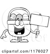 Cartoon Of A Black And White Happy Easter Basket Mascot Holding A Sign Royalty Free Vector Clipart