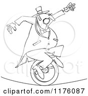 Cartoon Of An Outlined Circus Man Riding A Unicycle On A Tight Rope Royalty Free Vector Clipart