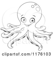 Cartoon Of A Black And White Happy Octopus Royalty Free Vector Clipart