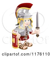 Happy Roman Soldier Holding A Knife And Shield