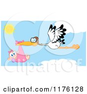 Poster, Art Print Of Stork Flying A Baby Girl Against A Cloudy Sky