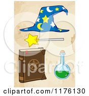 Poster, Art Print Of Magic Book Flask Magic Wand And Wizard Hat Over Water Stained Paper
