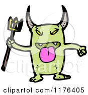 Cartoon Of A Green Horned Monster With A Pitchfork Royalty Free Vector Illustration