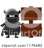 Cartoon Of An Armoured Black Knight By Wooden Signs Royalty Free Vector Clipart
