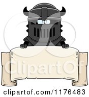 Cartoon Of An Armoured Black Knight Over A Banner Royalty Free Vector Clipart