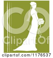 Poster, Art Print Of Silhouetted Bride In Profile Holding A Wedding Bouquet Over Green With White Lines