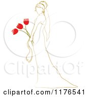 Clipart Of A Sketched Bride Holding A Red Tulip Wedding Bouquet Royalty Free Vector Illustration by Pams Clipart
