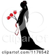 Poster, Art Print Of Black Silhouetted Bride Holding A Red Tulip Wedding Bouquet