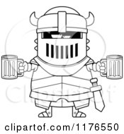 Cartoon Of A Black And White Drunk Armoured Black Knight With Beer Royalty Free Vector Clipart