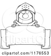 Cartoon Of A Black And White Happy Armoured Knight Over A Banner Royalty Free Vector Clipart