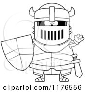 Cartoon Of A Black And White Waving Armoured Black Knight Royalty Free Vector Clipart